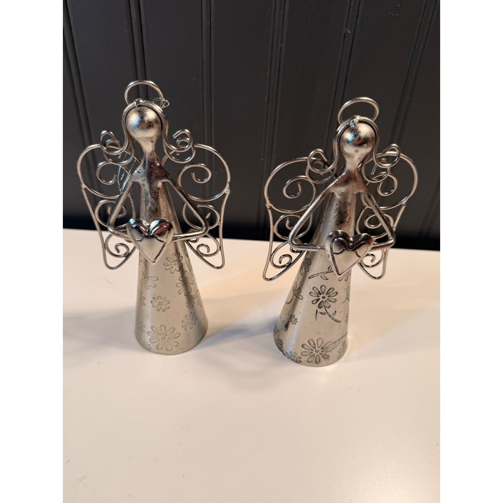 Set of 2 Silver Metal Angel Bell Figurines 7 Inch Floral Heart Christmas Decor